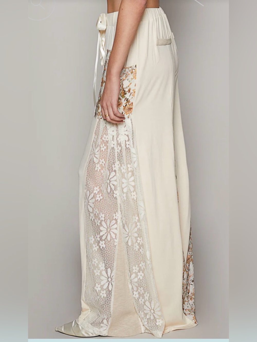 POL Size M Cream Lace Trim Boho Wide Leg Pants Elastic Waist Drawstring Bohemian - Picture 4 of 10
